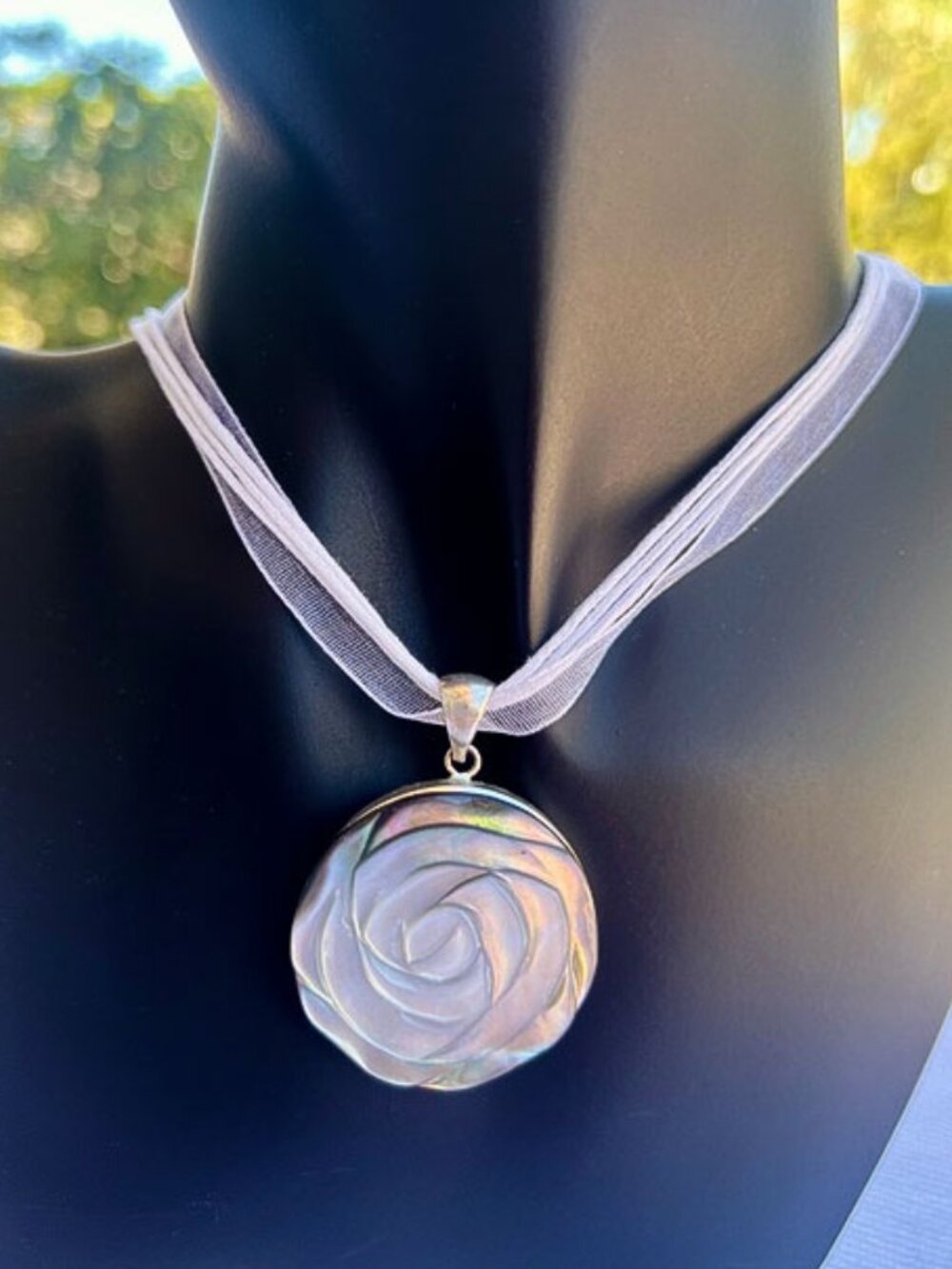 Iridescent Carved Shell Rose Pendant Necklace